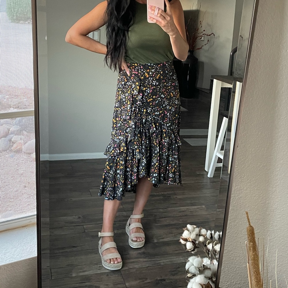 Loft Floral Ruffle Midi Skirt
